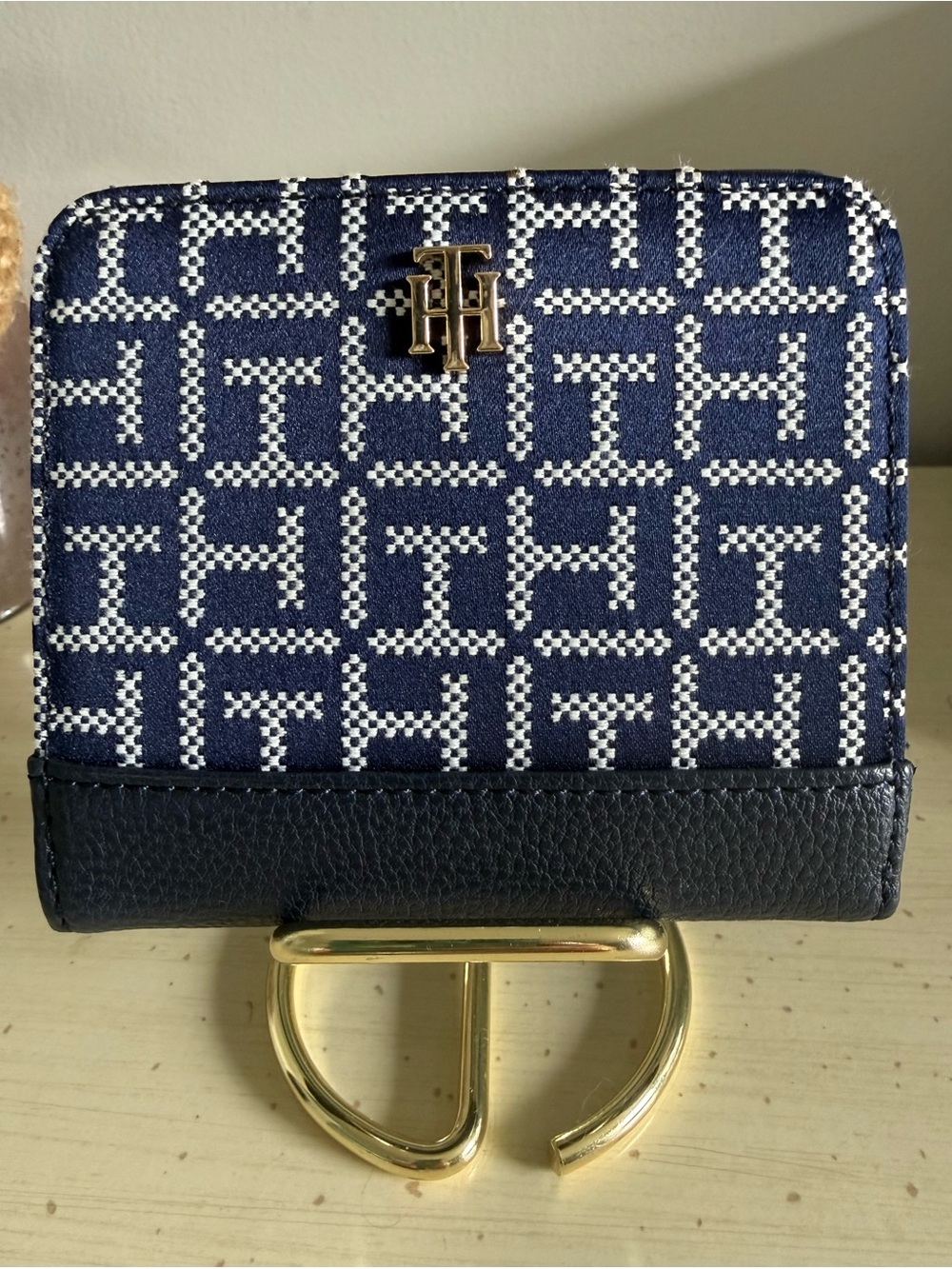Tommy Hilfiger Navy White Monogram Compact Bifold Wallet Gold Logo
